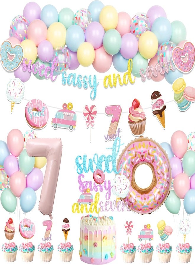 Hombae Sweet Sassy and Seven Birthday Decorations, 7th Birthday Decorations for Girls, Donut Theme Birthday Supplies with Banner Cake Topper Balloon for Ice Cream Sweet Candy 7 Year Old Birthday - Image 1